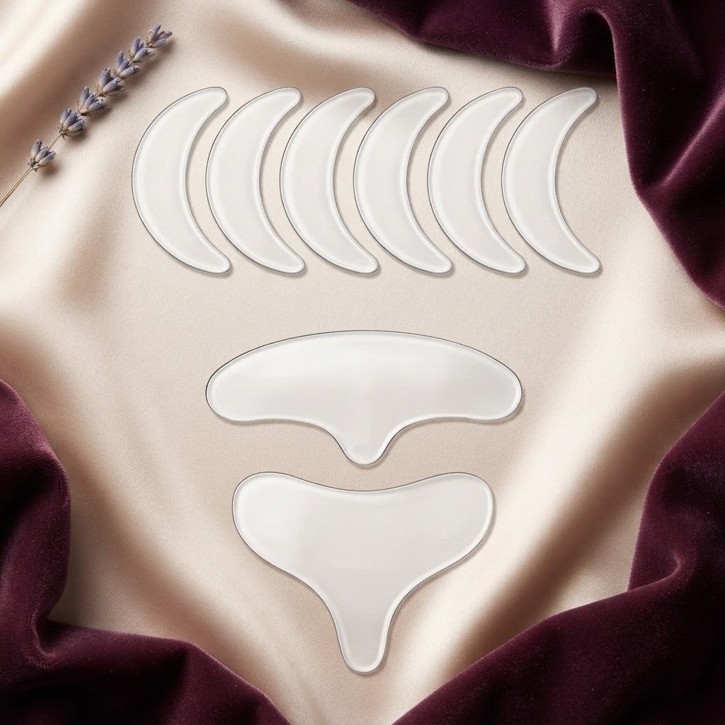 RadianceRest reusable silicone wrinkle patches set: under-eye, forehead and chest patches on champagne silk